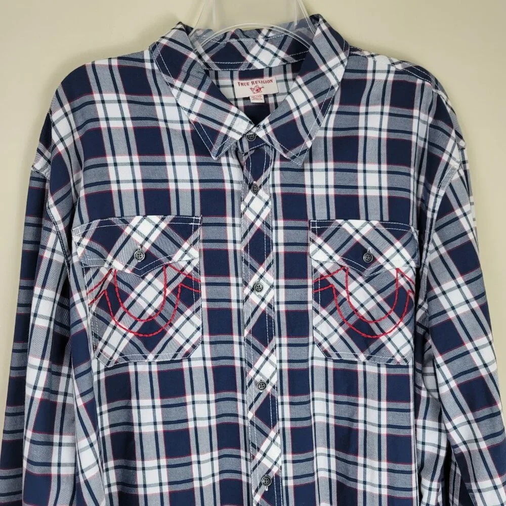 True Religion Plaid Western Shirt 3XL Blue Button Down Logo Pockets